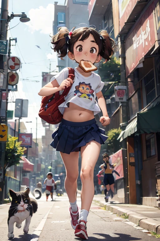 masterpiece,highest quality,masterpiece，Cute doodles，Hilarious, Honor student, 10 years old，Short length，Long brown curly twin tails，Vibrant，inquisitive eyes，freckles，Thick eyebrows，Short lengthの白いTシャツ，Very short miniskirt in denim，Open Fly，belly button，sneakers， Flower-like scent，City Street，running，Toast in the mouth，bag，I actually forgot to wear underwear.，Playing with cats，