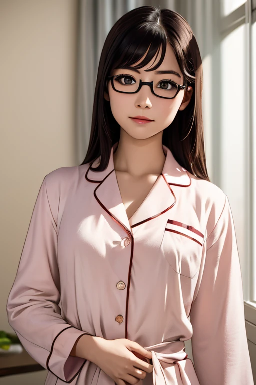 (masterpiece, highest quality), One Girl,  Satou, Satou, Glasses, pajamas, Satou, Glasses, 赤いフレームのGlasses, In bed:1.5,Head to waist,Hotel Rooms,pajamas姿,