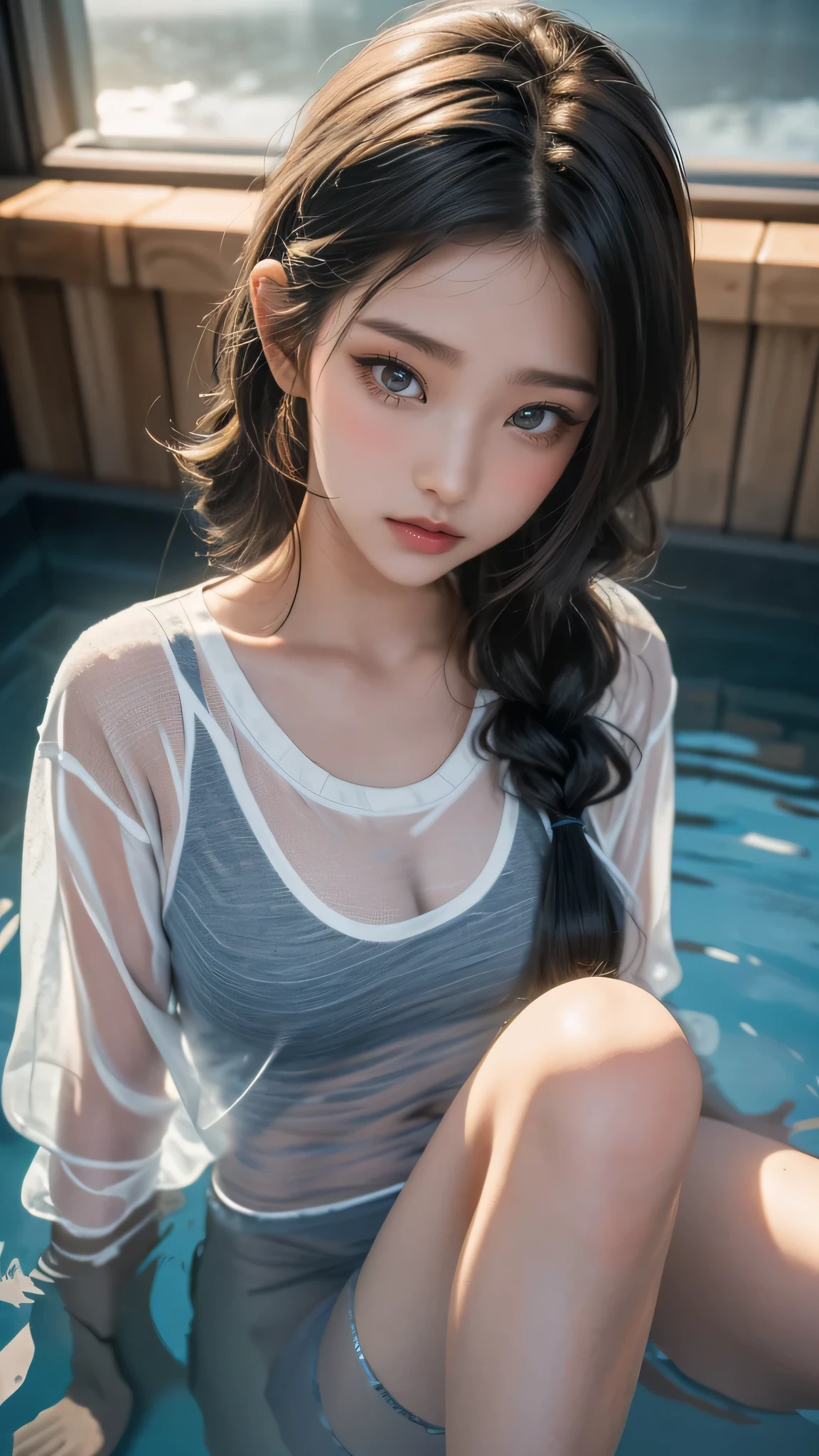 SAUNA,sitting,spread legs,(Random Pose),(floating in water),(soaked),(clothed:1.5),baggy t-shirt,(see through),lace swimsuit,(Thin type),(large breasts),(random hairstyle),(Highest image quality, (8K), Ultra-realistic, Best Quality, High quality, High Definition, high quality texture, high detailing, Beautiful detailed, fine detailed, extremely details CG, Detailed texture, realistic representation of face, masterpiece, presence)