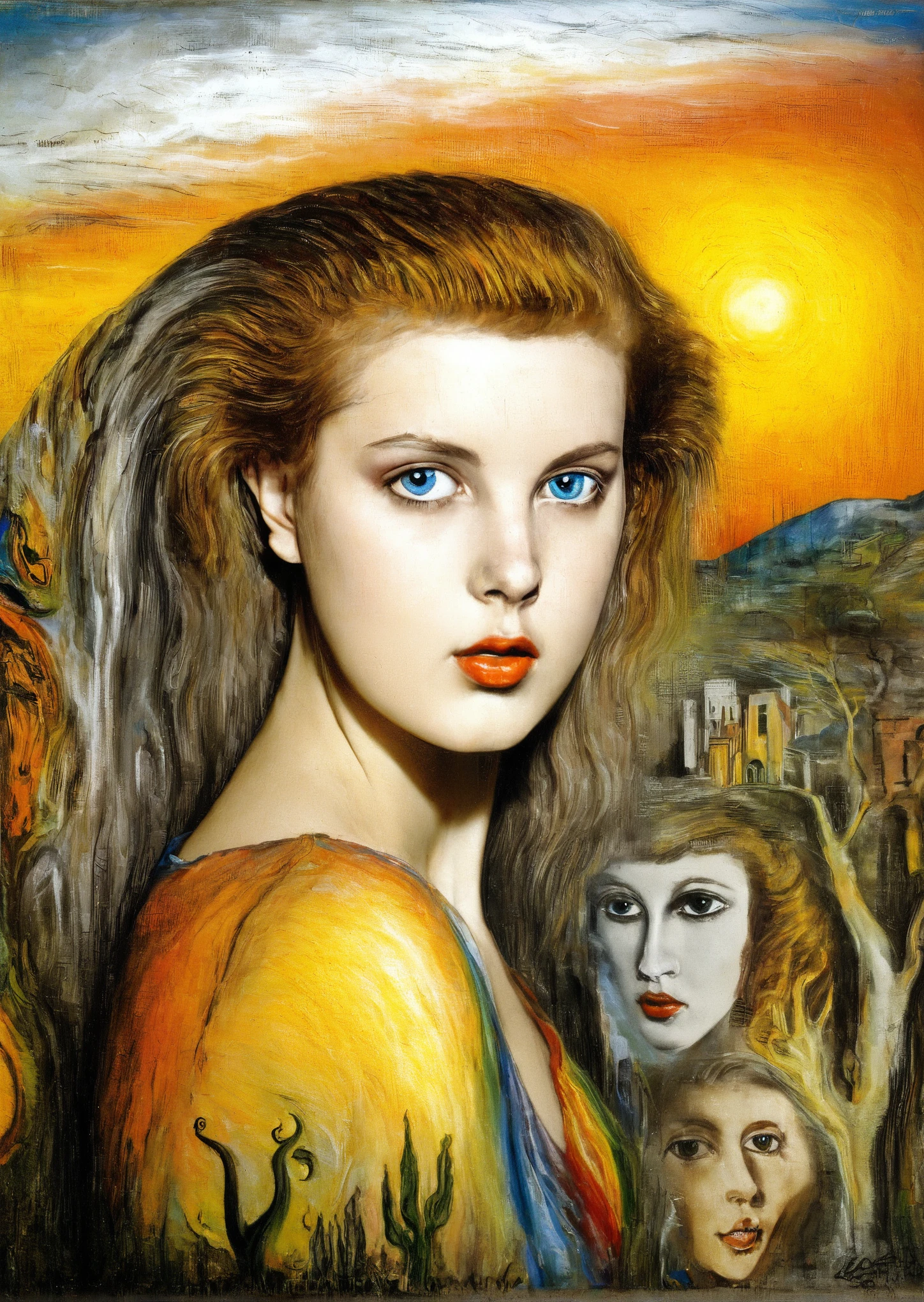 [[(front full portrait: young teen Lindsey Wixson (solo!!!) with big beauty eyes and a short hair oblique twister bob, crimson)((Austin Osman Spare and Ernst Fuchs style!!!))])):20]/[background: landscape Renaissance, impressionism and expressionism, old canva, (silver fog sunset), ((landscape style leonora carrington:1,6))]/[very colorful,((oil painting palette knife))((masterpiece)),((highest detail))]]