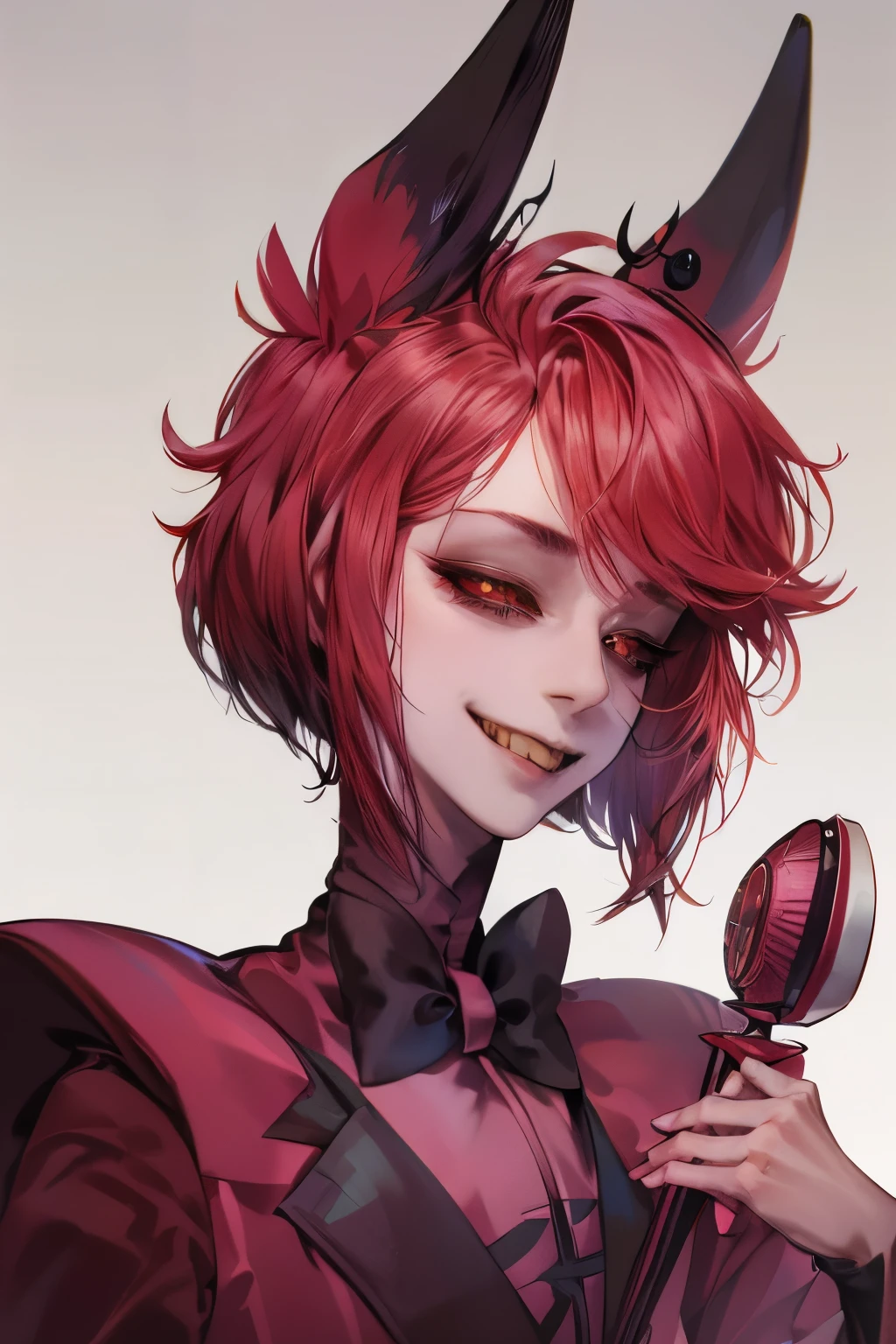 A woman with red hair and horns holding a microphone - SeaArt AI