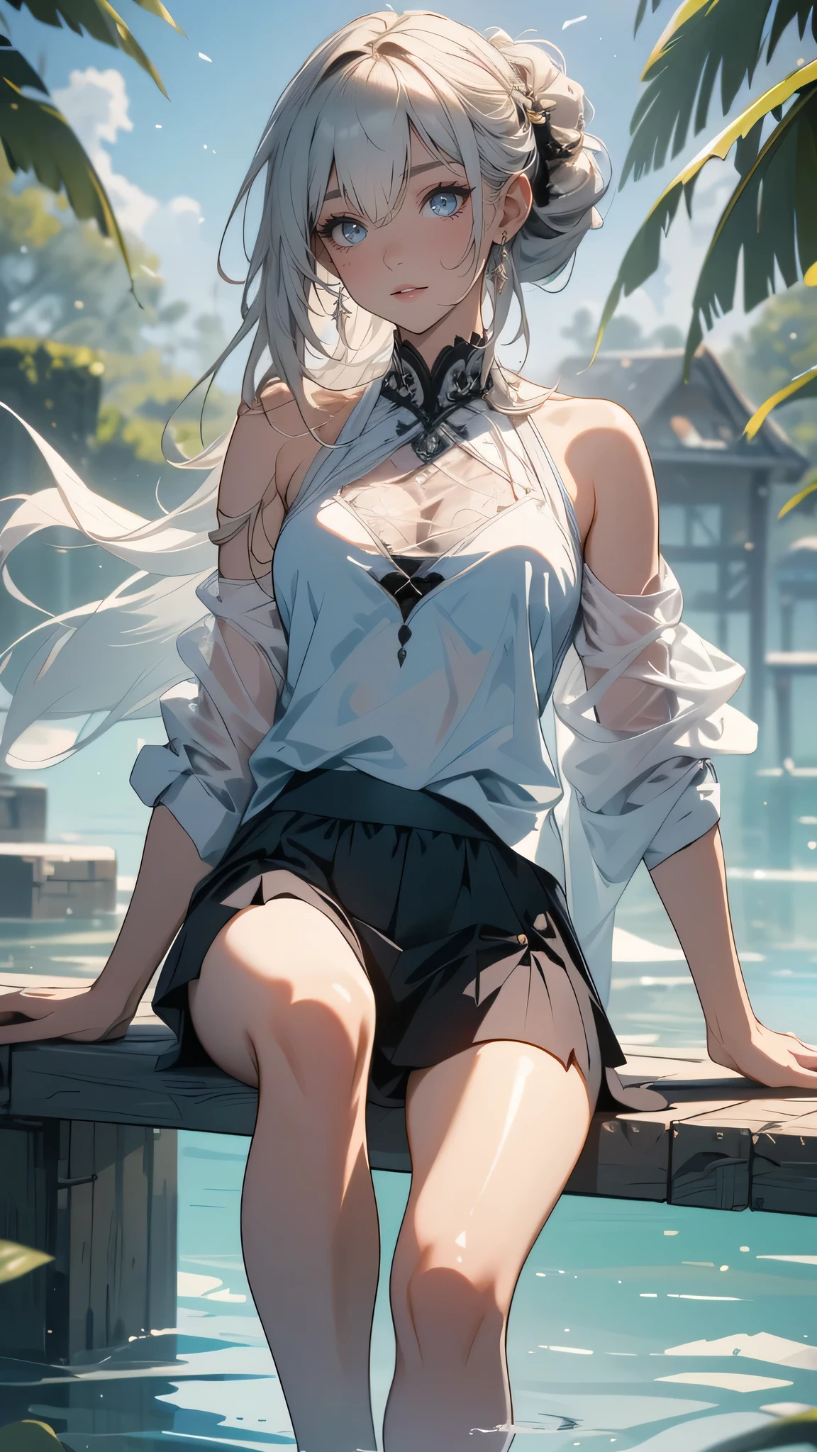 Anime girl sitting on a dock with her legs crossed - SeaArt AI