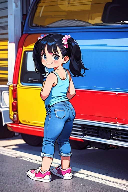 cartoon, 1980s style, masterpiece, dramatic, cinematic, full body, dynamic view, medium angle, HD8K quality, Punky Brewster, 9 years old, black hair twintails, blue and white tank top, jeans, sneakers, excited smile, mischievous way, alley in a neighborhood of a big city,