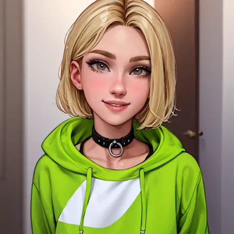 1college girl, short blonde hair to shoulders, olhos azuis, thin lips, rosto redondo,medium bust wearing a sweatshirt with a gre...