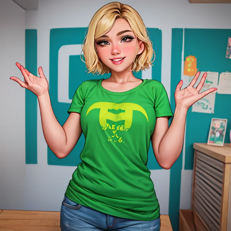 1college girl, short blonde hair to shoulders, blue colored eyes, thin lips, Round face,Bust Big (Breasts huge)wearing a sweatshirt with a green collar, wide hips wearing a very short red skirt,sitting in an armchair with a mischievous smile looking at the viewer , Director&#39;s office scene, fully body 