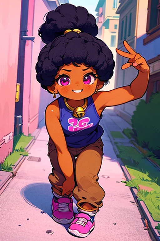 cartoon, 1980s style, masterpiece, dramatic, cinematic, full body, dynamic view, medium angle, HD8K quality, Punky Brewster, 9 years old, black hair twintails, blue and white tank top, jeans, sneakers, excited smile, mischievous way, alley in a neighborhood of a big city,