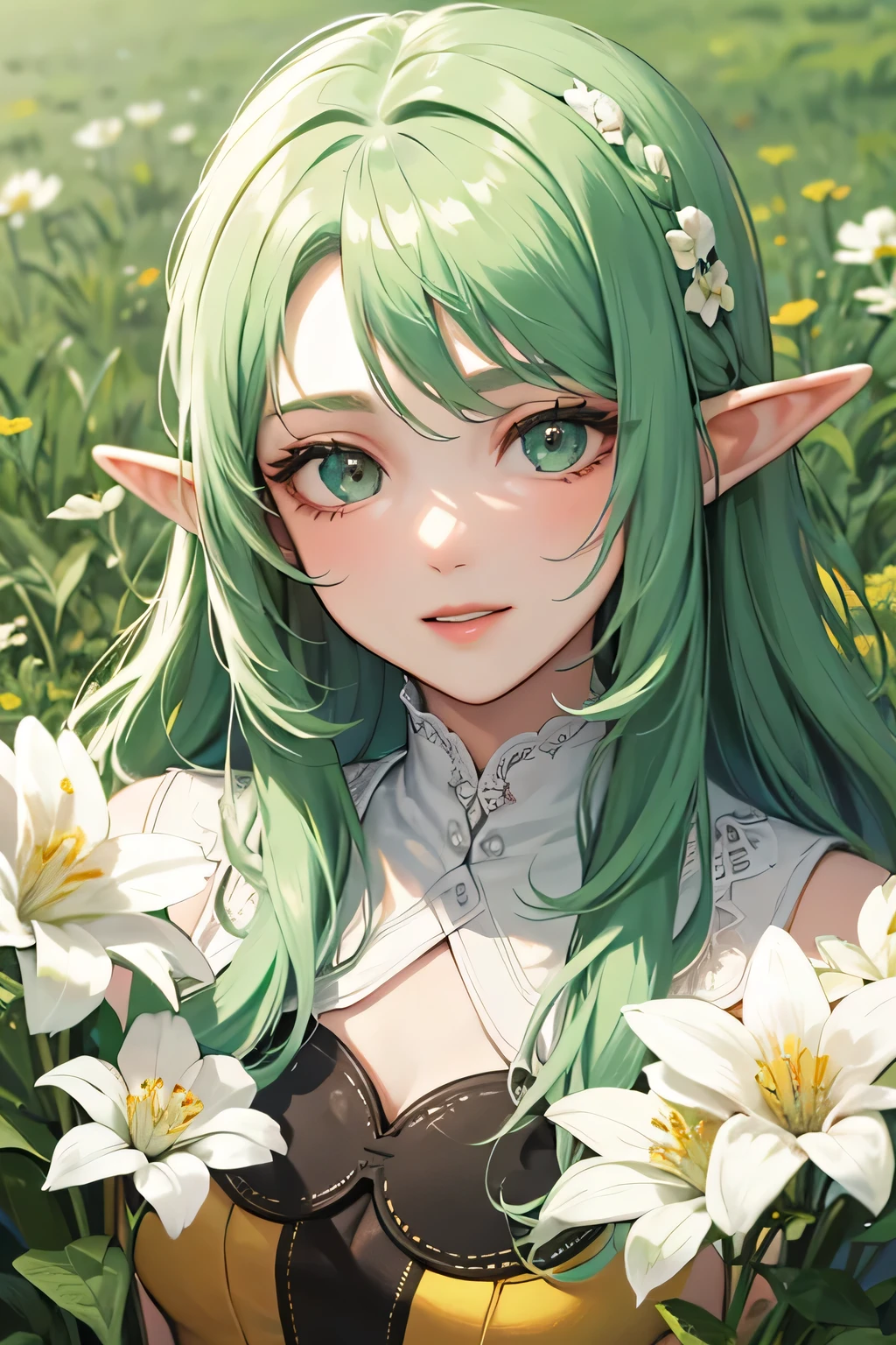 ((best quality)), ((masterpiece)), (detailed), perfect face, elf, young, girl, green hair, long hair, yellow dress, flowers, white flowers, happy, sunny, green grass, lawn, full-lenght