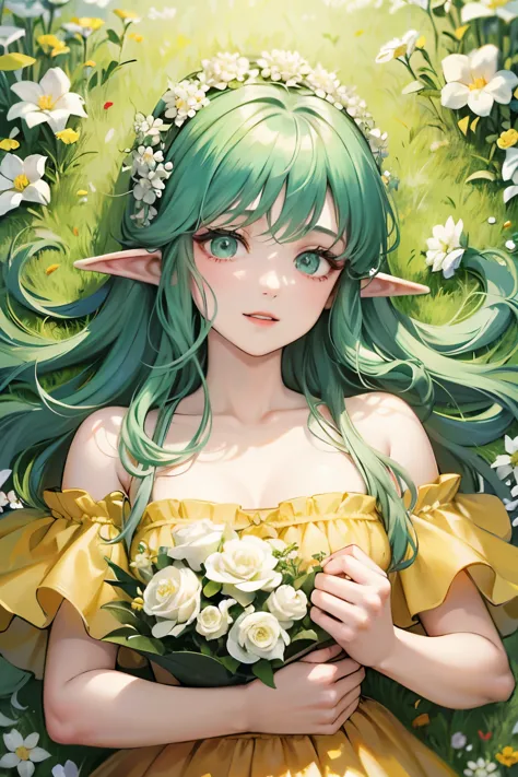 ((best quality)), ((masterpiece)), (detailed), perfect face, elf, young, girl, green hair, long hair, yellow dress, flowers, white flowers, happy, sunny, green grass, lawn, full-lenght