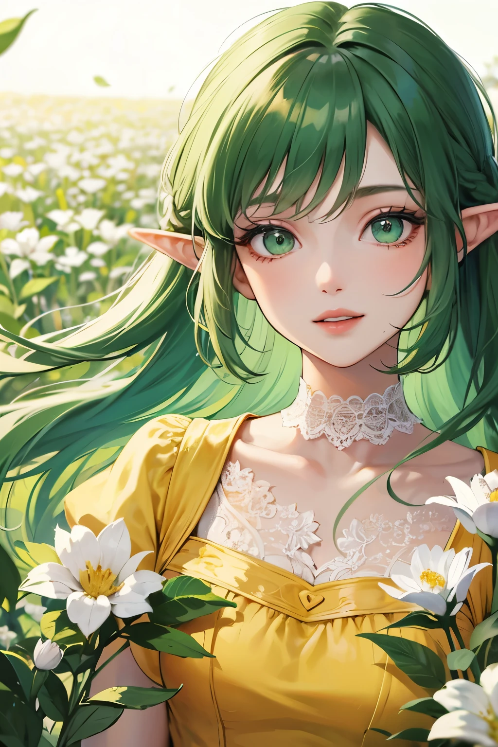 ((melhor qualidade)), ((obra de arte)), (detalhado), Rosto Perfeito, duende, jovem, Garota, cabelo verde, cabelo longo, vestido amarelo, Flores, white Flores, feliz, ensolarado, grama verde, grama, toda a extensão, gargantilha de renda branca