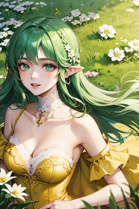 ((best quality)), ((masterpiece)), (detailed), perfect face, elf, young, girl, green hair, long hair, yellow dress, flowers, white flowers, happy, sunny, green grass, lawn, full-lenght, white lace choker