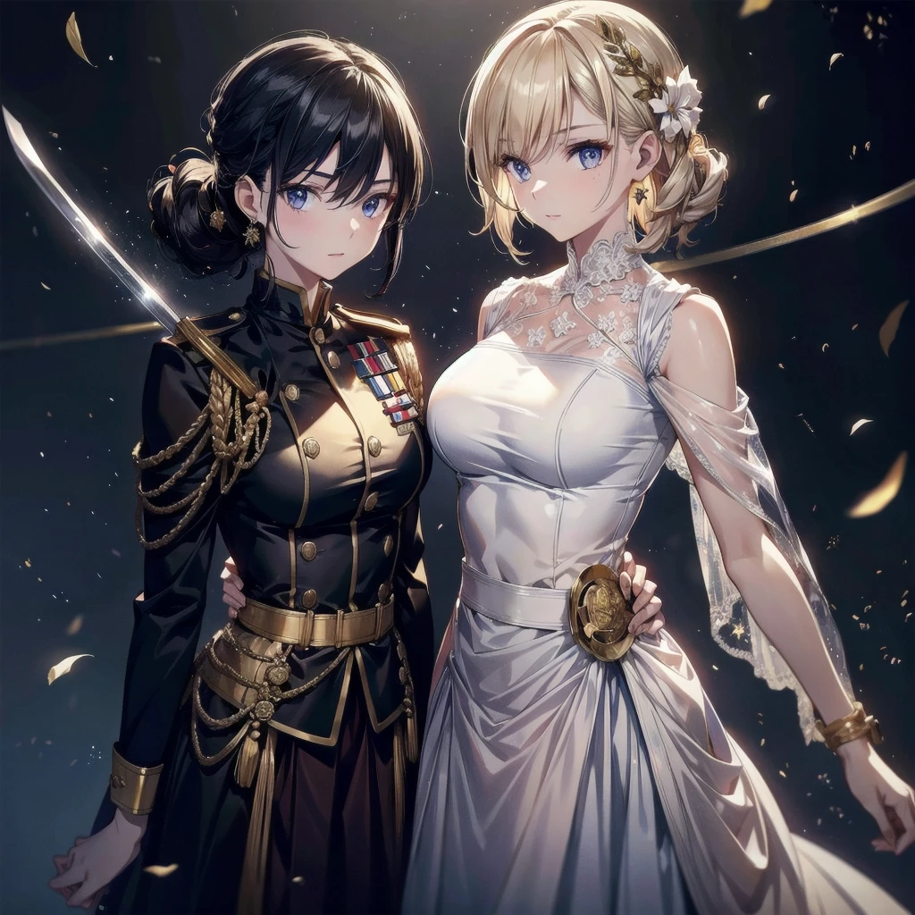 Military Dress, golden accessories, Grand Katana Sword, absurdres, RAW photo, extremely delicate and beautiful, masterpiece, Best Quality, ultra high resolution, 32k, hyperrealistic, ultra-detailed, detailed description, pale skin, 20 years old, tearful mole, earring, big tits, short medium hair, wavy hair, whole body shot, 2 girls,