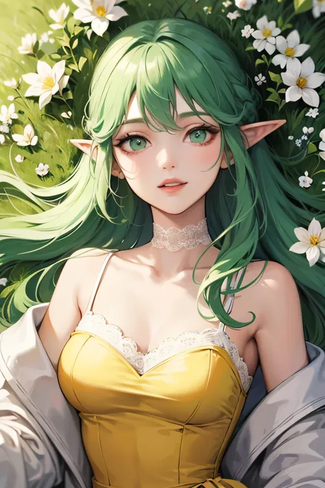 ((best quality)), ((masterpiece)), (detailed), perfect face, elf, young, girl, green hair, long hair, yellow dress, flowers, white flowers, happy, sunny, green grass, lawn, full-lenght body, white lace choker
