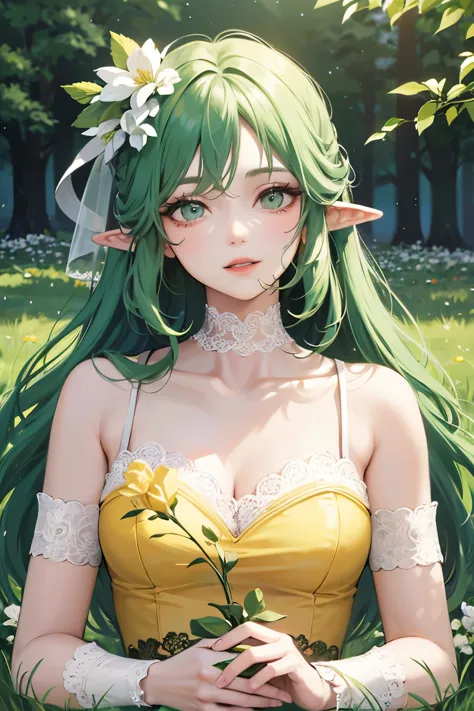 ((best quality)), ((masterpiece)), (detailed), perfect face, elf, young, girl, green hair, long hair, yellow dress, flowers, white flowers, happy, sunny, green grass, lawn, full-lenght body, white lace choker
