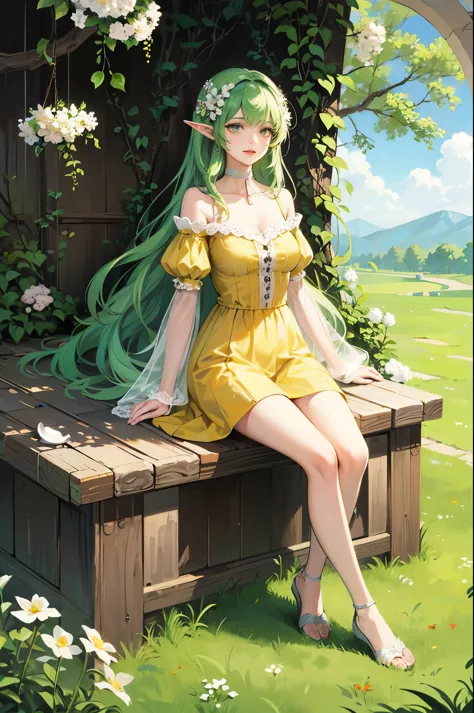 ((best quality)), ((masterpiece)), (detailed), perfect face, elf, young, girl, green hair, long hair, yellow dress, flowers, white flowers, happy, sunny, green grass, lawn, full-length body, white lace choker