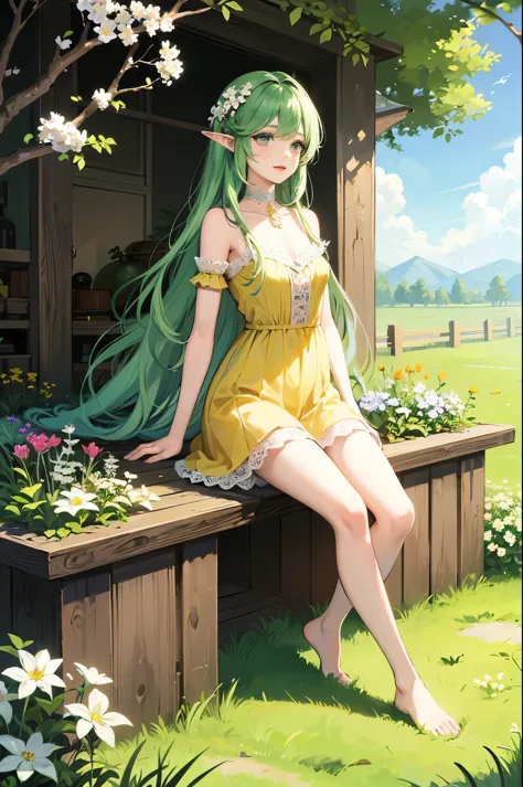 ((best quality)), ((masterpiece)), (detailed), perfect face, elf, young, girl, green hair, long hair, yellow dress, flowers, white flowers, happy, sunny, green grass, lawn, full-length body, white lace choker