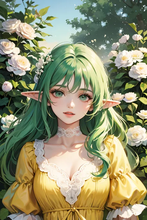 ((best quality)), ((masterpiece)), (detailed), perfect face, elf, young, girl, green hair, long hair, yellow dress, flowers, white flowers, happy, sunny, green grass, lawn, white lace choker, romantic, barefoot