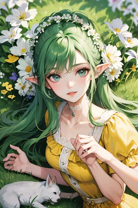 ((best quality)), ((masterpiece)), (detailed), perfect face, elf, young, girl, green hair, long hair, yellow dress, ruffles, flowers, white flowers, happy, sunny, green grass, lawn, white lace choker, romantic, barefoot
