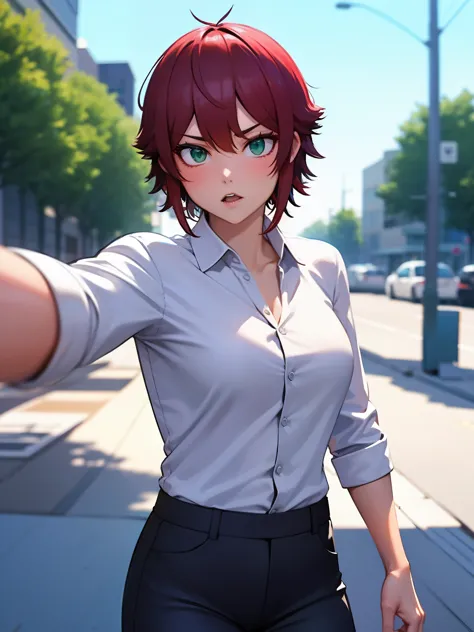 8k, best quality, masterpiece, ultra-detailed,1girl,solo, green eyes, throwing bomb,short hair, eyes,red hair,white shirt,white ...