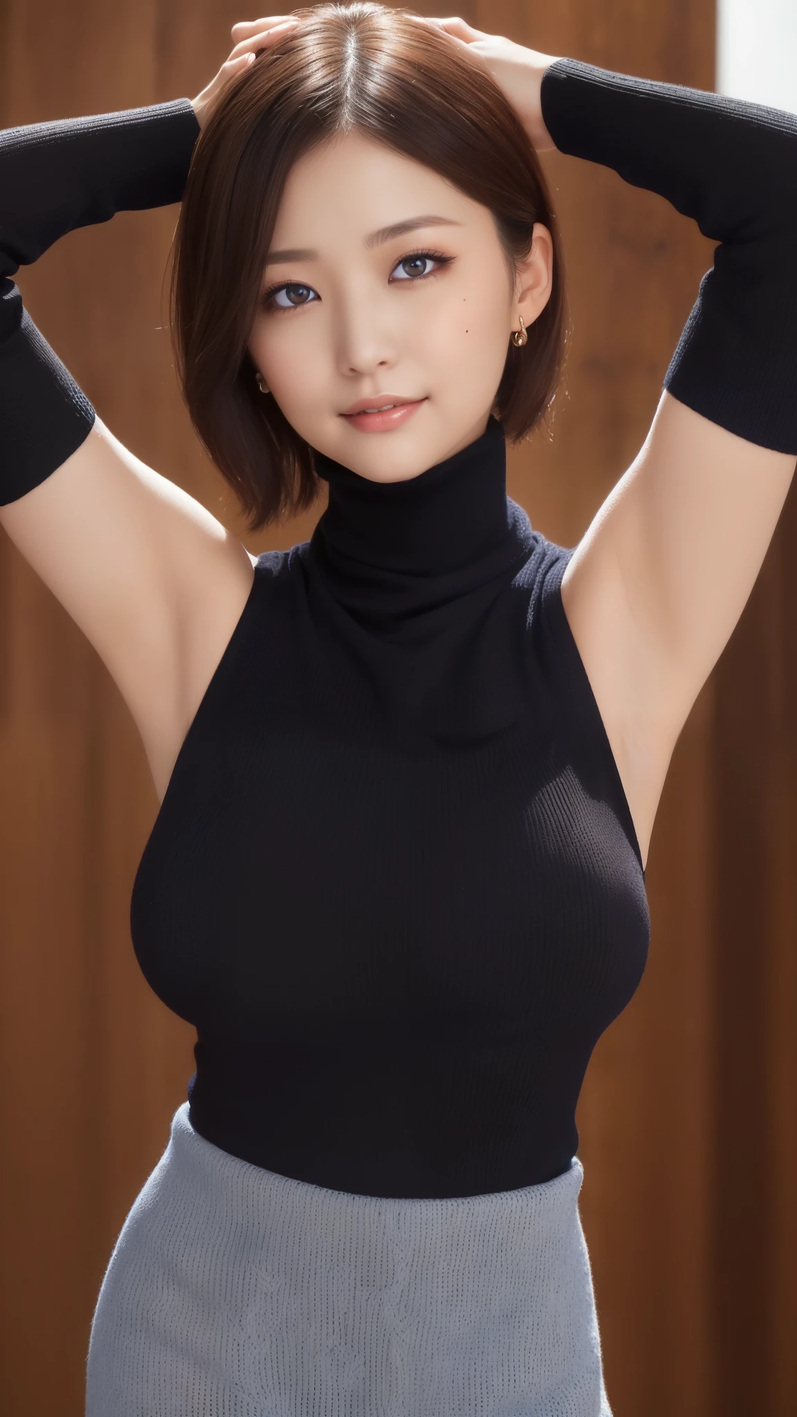 Side shot、Light background、Japanese woman wearing a black turtleneck sleeveless sweater、 (((Raise your arms above your head)))、(((masterpiece))), ((highest quality)), ((intricate details)), (((Ultra-realistic)), absurd solution, law of near and far, very detailed, realistic, 1 girl, ((big breasts)), perfect hands, finger details, beautiful and fine eyes, short hair, brown eyes,(turtleneck:1.2), Tight Skirt, detailed background, choker, perfect eyes, enchanting eyes, look at the audience, from the front、laughter、Mole around the mouth、knit dress