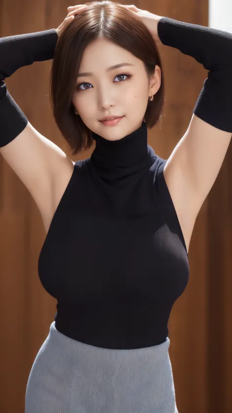 Side shot、Light background、Japanese woman wearing a black turtleneck sleeveless sweater、 (((Raise your arms above your head)))、(...