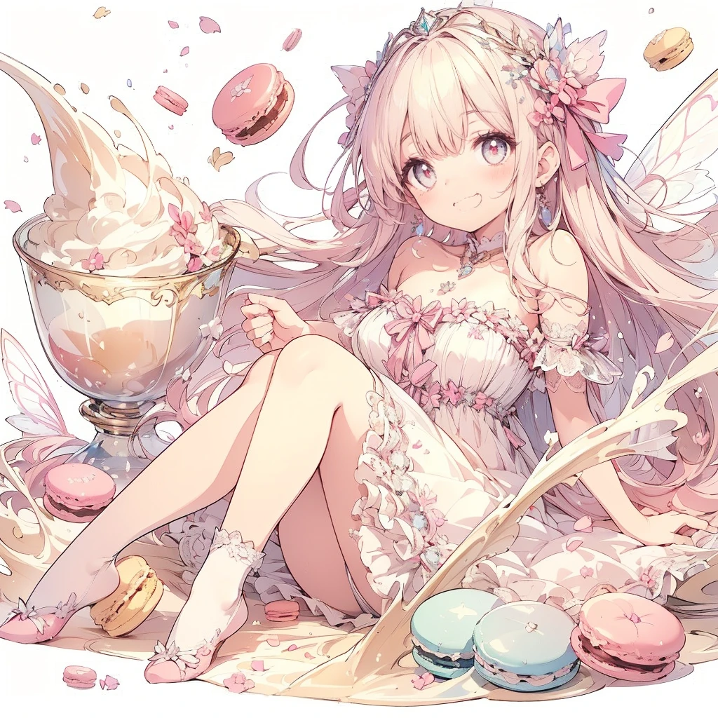 (Exquisite, beautiful, Very detailed, masterpiece, High resolution,high quality,High resolution),(Well-formed face,Soft and thin lines: 1.2, beautiful, Delicate and vivid illustrations with a mature and clear feel), In the background, there are delicious looking macaroons and a large amount of liquid whipped cream flowing, with a fairy smiling happily.,A fairy with beautiful fairy wings growing from her back, a macaron motif, a corset with lace, frills and ribbons, a pastel pink base with white and black, a frilly dress with an open neckline and knee-high socks.,She is wearing a tiara, necklace, earrings, bracelets, and long leather boots.,(There are delicious looking macarons in the background.),(A fair-skinned, short-browed, pale pink cheeks, plump pink lips, beautiful eyes, and a rather large, fluffy bust. A good-looking fairy.),Vivid colors, striking colors and dynamic angles,Dream Cute,