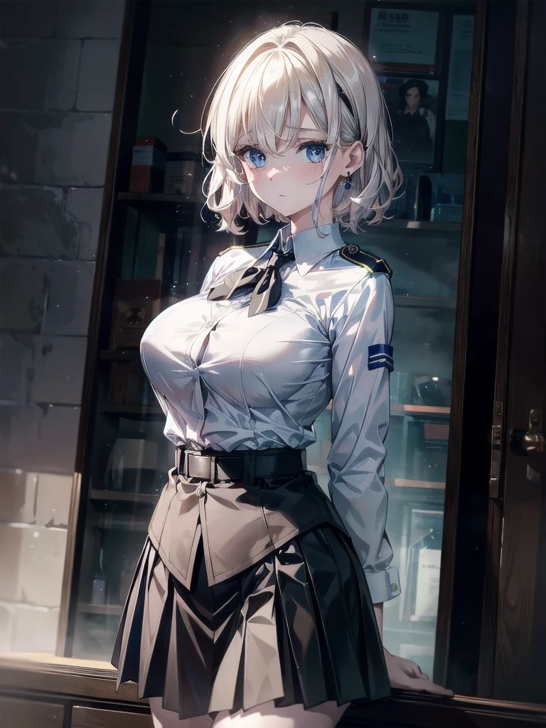 police officer uniform, skirt, collared shirt, absurdres, RAW photo, extremely delicate and beautiful, masterpiece, Best Quality, ultra high resolution, 32k, hyperrealistic, ultra-detailed, detailed description, pale skin, 20 years old, tearful mole, earring, big tits, short medium hair, wavy hair, whole body shot,