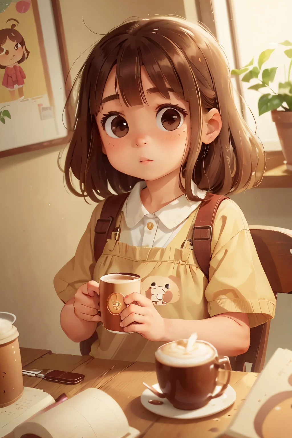 there is a young girl holding a cup of coffee in her hand, girl cute-fine-face, cute natural anime face, with cute - fine - face, sakimi chan, chiho, Yoshitomo Nara, young cute face, beautiful japanese girls face, brown hair and large eyes, cute kawaii girl, beautiful light big eyes