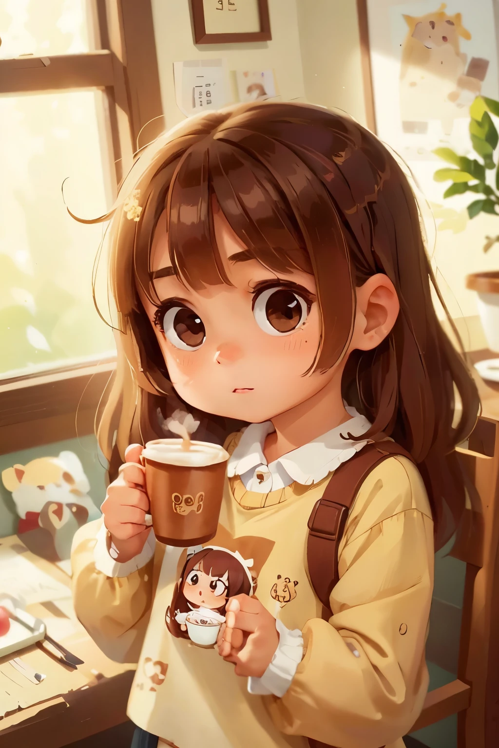 there is a young girl holding a cup of coffee in her hand, girl cute-fine-face, cute natural anime face, with cute - fine - face, sakimi chan, chiho, Yoshitomo Nara, young cute face, beautiful japanese girls face, brown hair and large eyes, cute kawaii girl, beautiful light big eyes