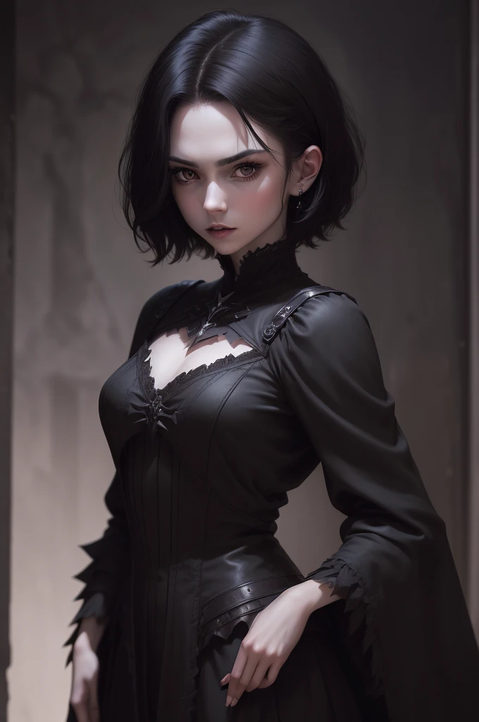 (high quality: 1.3), Cinematic shots, masterpiece, (Sharp focus: 1.5), (Realistic: 1.3), Medium portrait (Beautiful young vampire woman, Pale skin, Gothic, Still proud、Brave, Straight black short bob hair, Dark look, Wearing a very finely crafted dark tunic, Dark atmosphere, but、Sculpting shapes with sharp chiaroscuro), It&#39;s night, (Highly detailed skin), (Detailed face),  Detailed Background, Dim lighting, dusk lighting, Volumetric lighting, Intricate details, Ultra-high resolution,