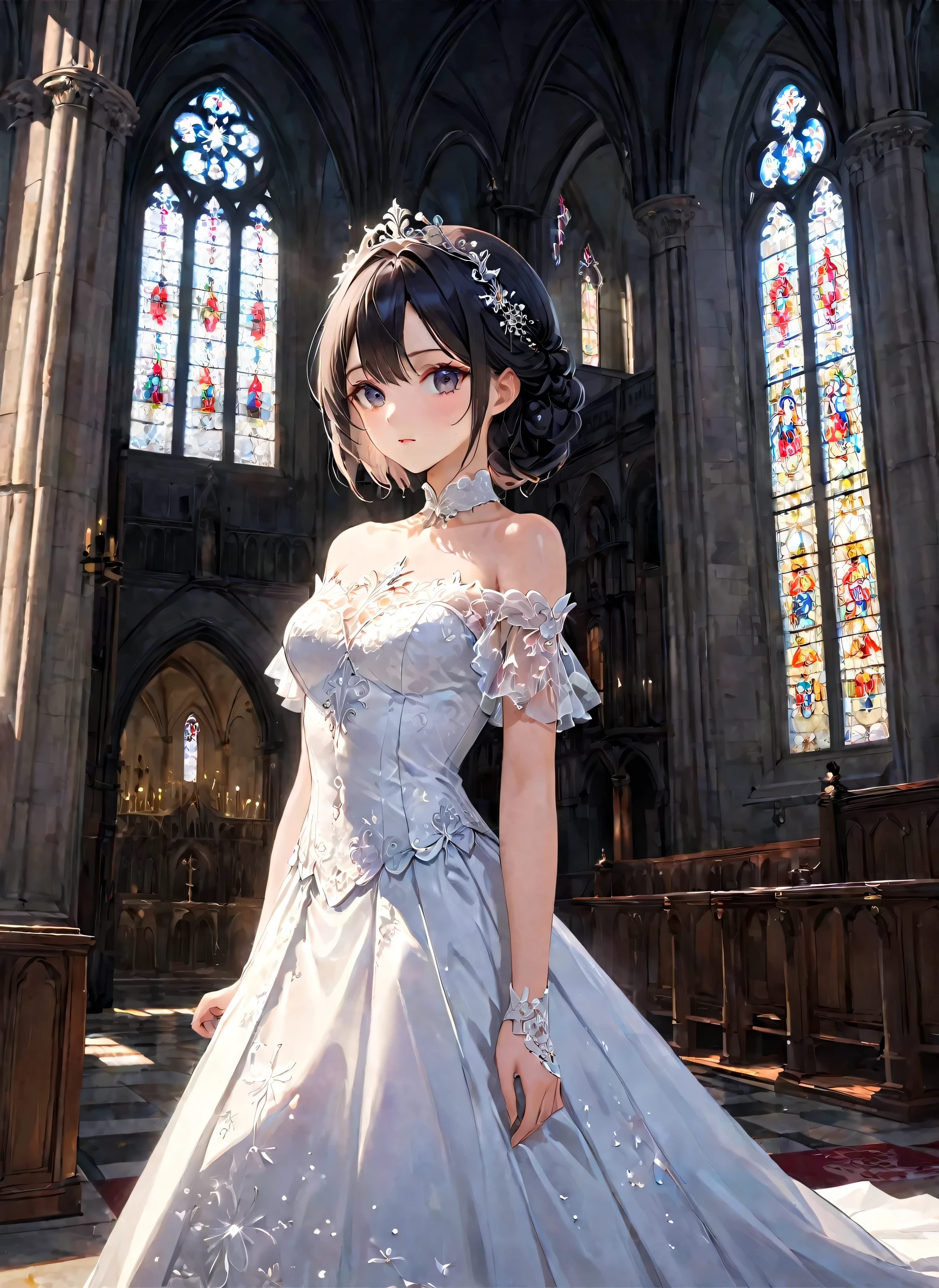 In the enchanting light of a Gothic church, a captivating woman stands clad in a detailed wedding dress. The dress accentuates her shoulders, collarbone, and navel. adjust the entire image so that you can't see your hands with a natural angle of view and with various elegant postures artfully designed, adding a contrast to her delicate attire. The image is rendered in an anime style with high-resolution digital film, focusing on sophisticated tones and natural light effects