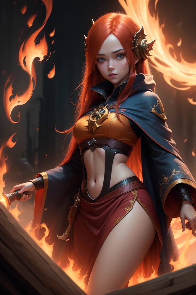 A masterpiece depicting a beautiful white girl, burn, Surrounded by flames, dota2 fire girl style, Ghost Knife Style, Fiery hair, Long Red Hair, watery blue Big eyes, Narrow waist, Wide Hips, Wizard Robe, Magic colors, World of Warcraft Style, Blizzard Entertainment, Ultra HD, 8k, Real skin texture, The best light, Best Shadow, Dota2 Lina, action, The wizarding world, Bird&#39;s-eye view, Small Mouth, Small Nose, Big eyes, cute