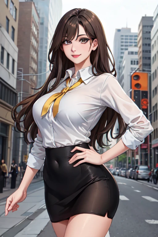 masterpiece, highest quality,  mary marvel, White collared shirt, Pencil Skirt, View your viewers, smile, Large Breasts, City Street, Wink, Close one eye, With one eye open