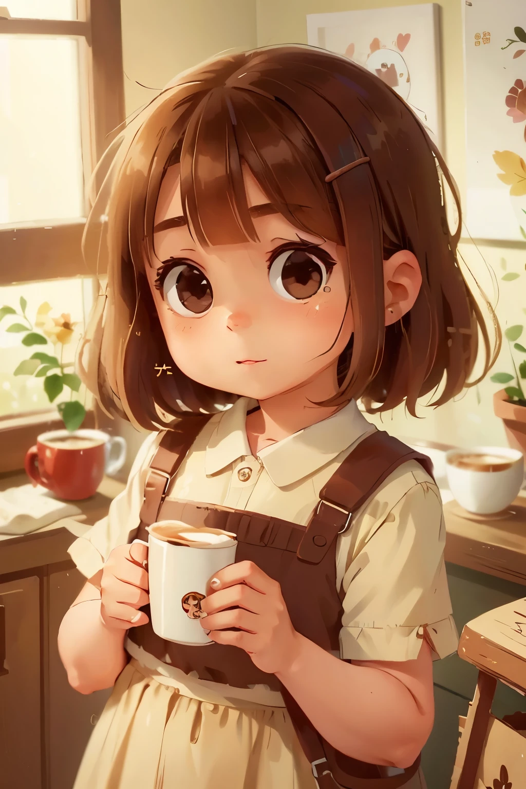 there is a young girl holding a cup of coffee in her hand, girl cute-fine-face, cute natural anime face, with cute - fine - face, sakimi chan, chiho, Yoshitomo Nara, young cute face, beautiful japanese girls face, brown hair and large eyes, cute kawaii girl, beautiful light big eyes