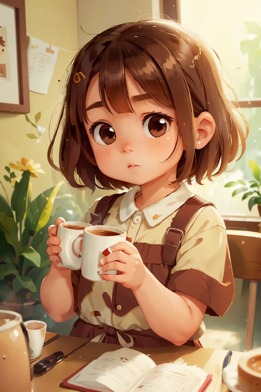 there is a young girl holding a cup of coffee in her hand, girl cute-fine-face, cute natural anime face, with cute - fine - face, sakimi chan, chiho, Yoshitomo Nara, young cute face, beautiful japanese girls face, brown hair and large eyes, cute kawaii girl, beautiful light big eyes