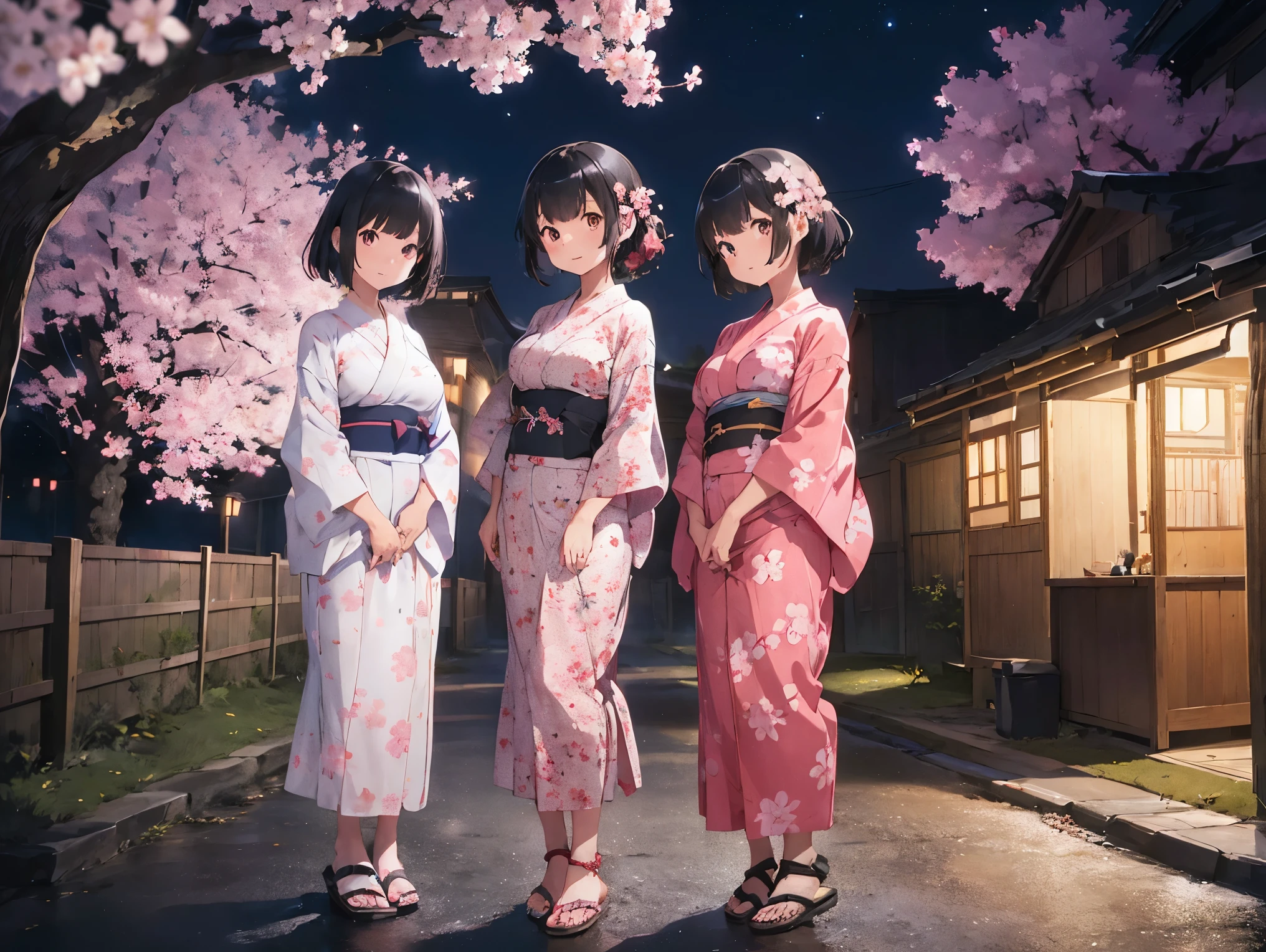 Fille avec un raccourci de cheveux noirs、Gros seins、Yukata aux fleurs de cerisier、Yukata rose、Sandales pour pieds nus、Vue nocturne、position debout、Sœurs séparées par les années、Jardin d&#39;enfants&#39;la soeur、Sœur aînée qui travaille、se tenir la main、校庭とVue nocturneと星空