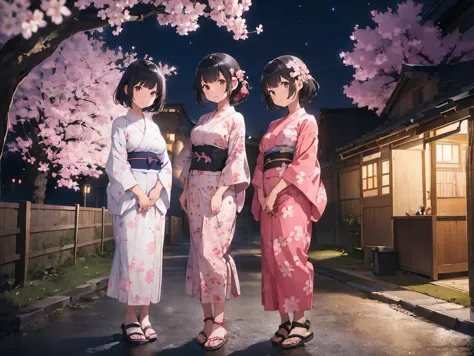 Girl with black hair shortcut、Big Breasts、Cherry blossom yukata、Pink Yukata、Sandals for bare feet、Night view、Standing posture、Si...