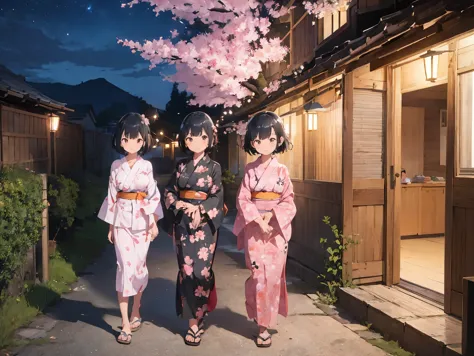 Girl with black hair shortcut、Big Breasts、Cherry blossom yukata、Pink Yukata、Sandals for bare feet、Night view、Standing posture、Si...