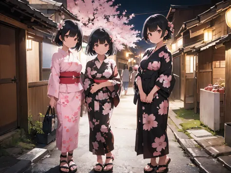 Girl with black hair shortcut、Big Breasts、Cherry blossom yukata、Pink Yukata、Sandals for bare feet、Night view、Standing posture、Si...