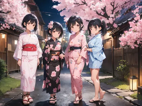 girl with black hair shortcut、big breasts、cherry blossom yukata、pink yukata、sandals for bare feet、night view、standing posture、si...