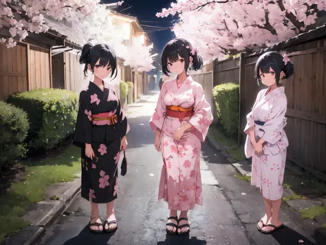 girl with black hair shortcut、big breasts、cherry blossom yukata、pink yukata、sandals for bare feet、night view、standing posture、si...