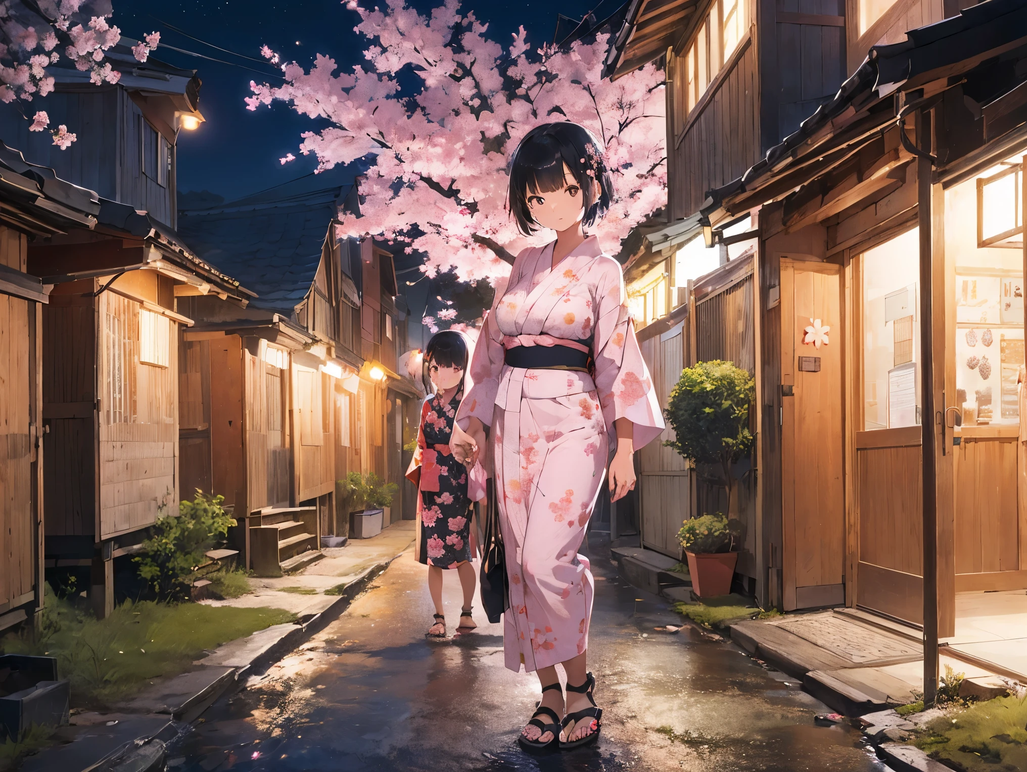 Fille avec un raccourci de cheveux noirs、Gros seins、Yukata aux fleurs de cerisier、Yukata rose、Sandales pour pieds nus、Vue nocturne、position debout、Sœurs séparées par les années、Jardin d&#39;enfants&#39;la soeur、Sœur aînée qui travaille、se tenir la main、校庭とVue nocturneと星空