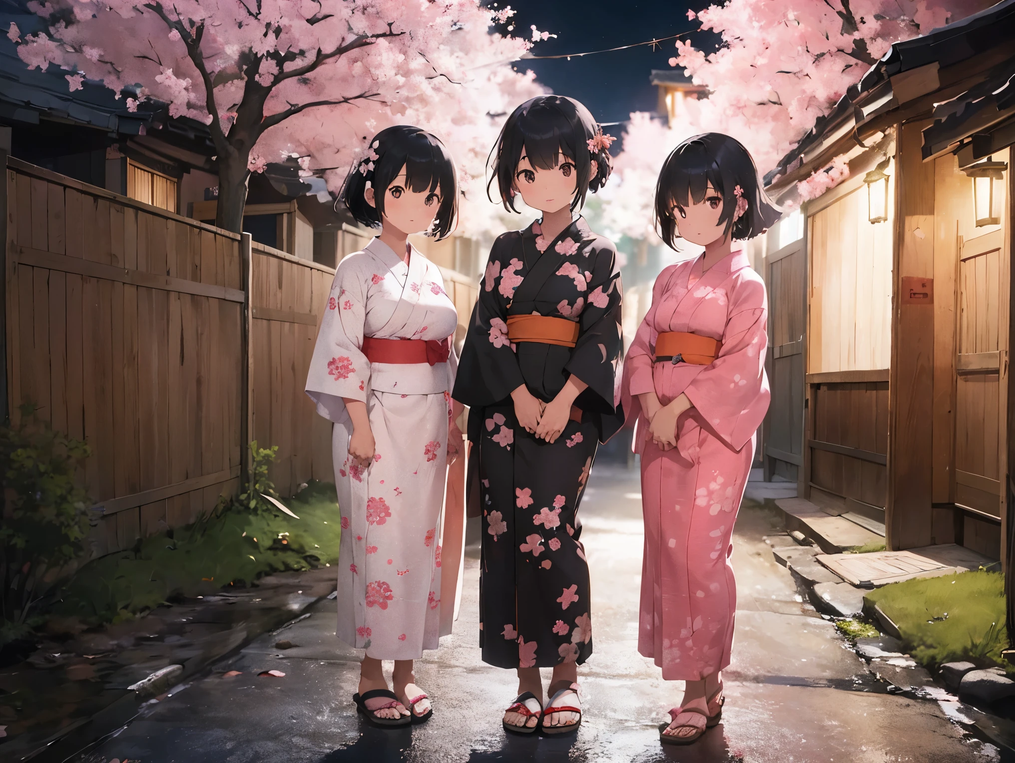 Girl with black hair shortcut、Big Breasts、Cherry blossom yukata、pink yukata、Sandals for bare feet、Night view、Standing posture、Sisters separated by years、A kindergartener&#39;s younger sister holds hands with her tall older sister who is a working adult.、Schoolyard, Night view and starry sky