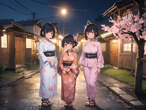 girl with black hair shortcut、big breasts、cherry blossom yukata、pink yukata、sandals for bare feet、night view、standing posture、si...