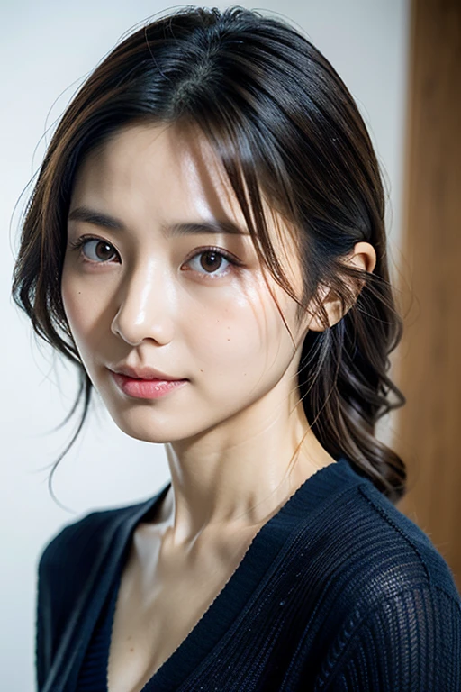 8k, highest quality, masterpiece, Realistic, Photorealistic, Ultra-detailed, Natural light, 非常にDetailed faceと肌, Detailed eyes, 非常にDetailed faceと肌の中間ショット, ((18-year-old)), Beautiful woman staring at camera, Sexy pose, Tabletop, Beautiful Face, Realistic Face, Detailed face, Beautiful hairstyle, Realistic eyes, Fine grain, Realistic Skin, Detailed skin, Beautiful Skin, Charm, 超Realistic, ((Sexy light blue cardigan)), Black Hair, Seductive Japan Woman, Long Hair