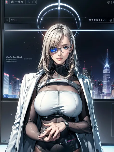 cyborg teacher with mechanical arm and bionic eye, wearing a white coat and holding a holographic tablet, standing in front of a...