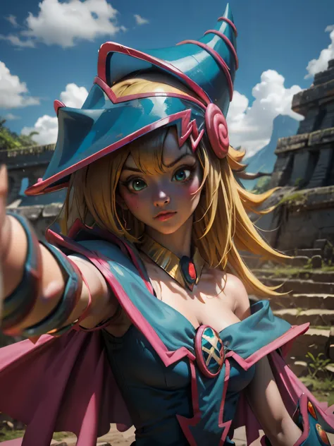 Dark magician taking a selfie at a Mayan ruins. Ella tiene cabello rubio. ojos azules. Labios rojos. Se toma una selfies en  una...