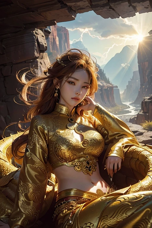 So sublime and divine々A beautiful golden dragon coiled up in the center of the screen, glaring at the camera.。The surrounding area is a canyon where no one can get close, and lightning is flashing in the background.、The sun is shining brightly