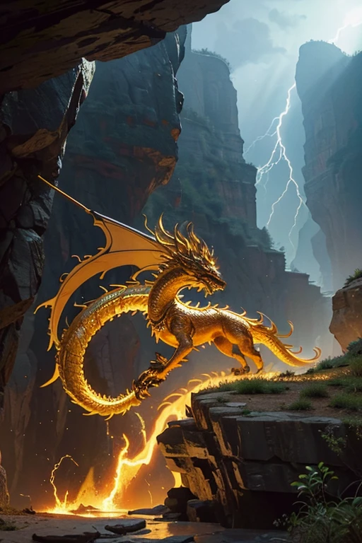 So sublime and divine々A beautiful golden dragon coiled up in the center of the screen, glaring at the camera.。The surrounding area is a canyon where no one can get close, and lightning is flashing in the background.、The sun is shining brightly