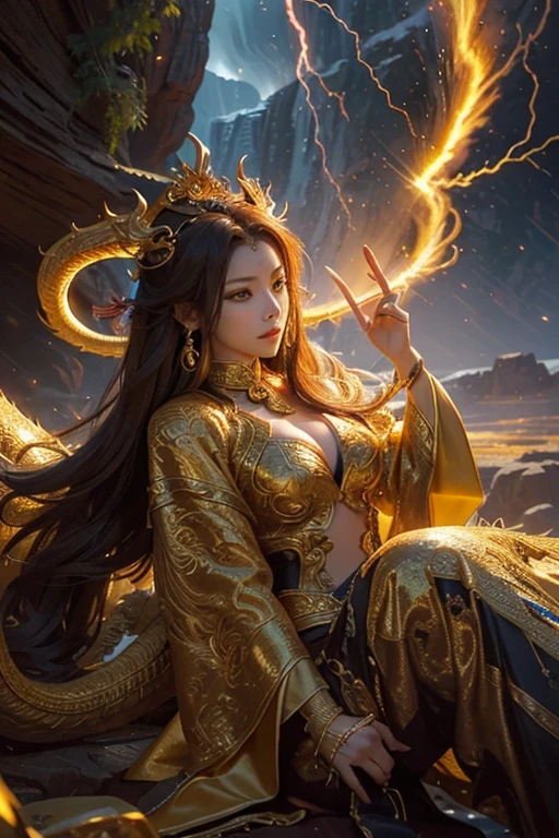 So sublime and divine々A beautiful golden dragon coiled up in the center of the screen, glaring at the camera.。The surrounding area is a canyon where no one can get close, and lightning is flashing in the background.、The sun is shining brightly