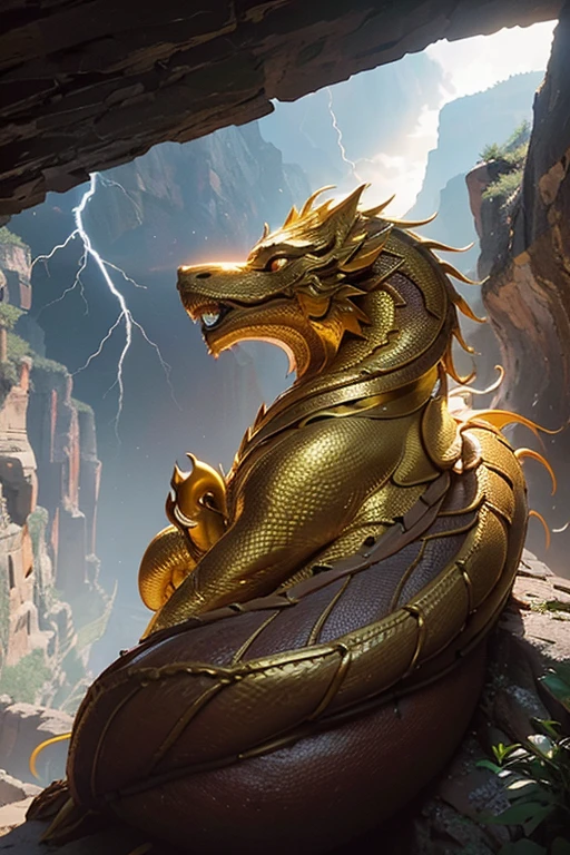 So sublime and divine々A beautiful golden dragon coiled up in the center of the screen, glaring at the camera.。(The surrounding area is a canyon where no one can get close, and lightning is flashing in the background.、The sun is shining brightly